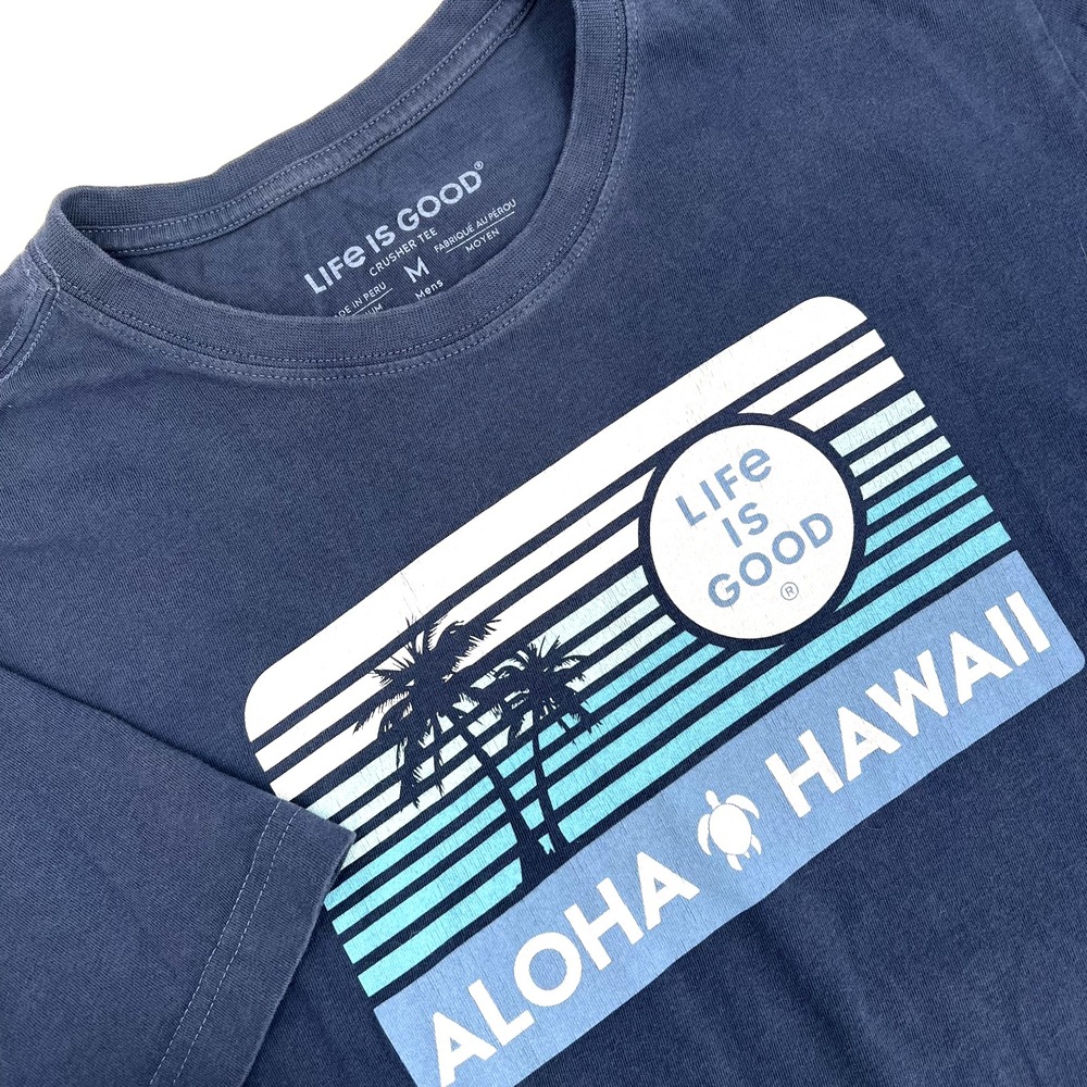 LIFE IS GOOD Men's M Blue ALOHA HAWAII Short-Sleeve Crewneck Crusher Tee T-Shirt